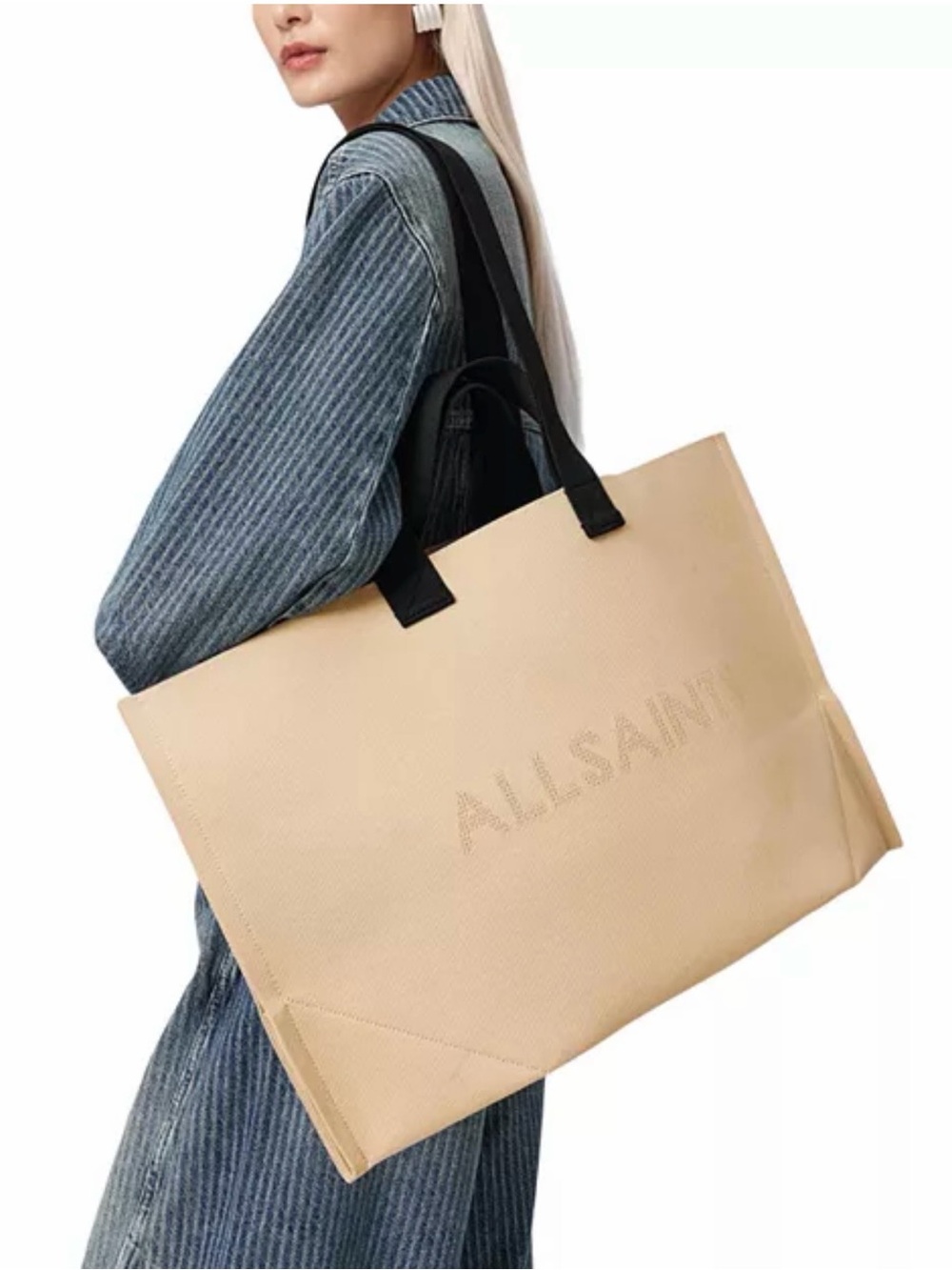 All Saints Beige Tote with Black Handles